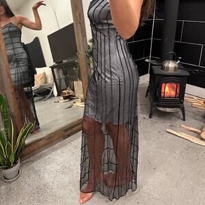 Peak Evenings Women’s 8 Gown Black Silk Maxi Prom Vintage Beaded Mesh Sheer